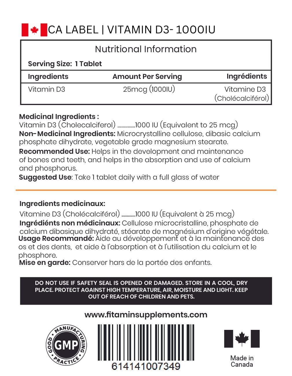 Tabletas fáciles de tragar Fitamin vitamina D3 1000ui