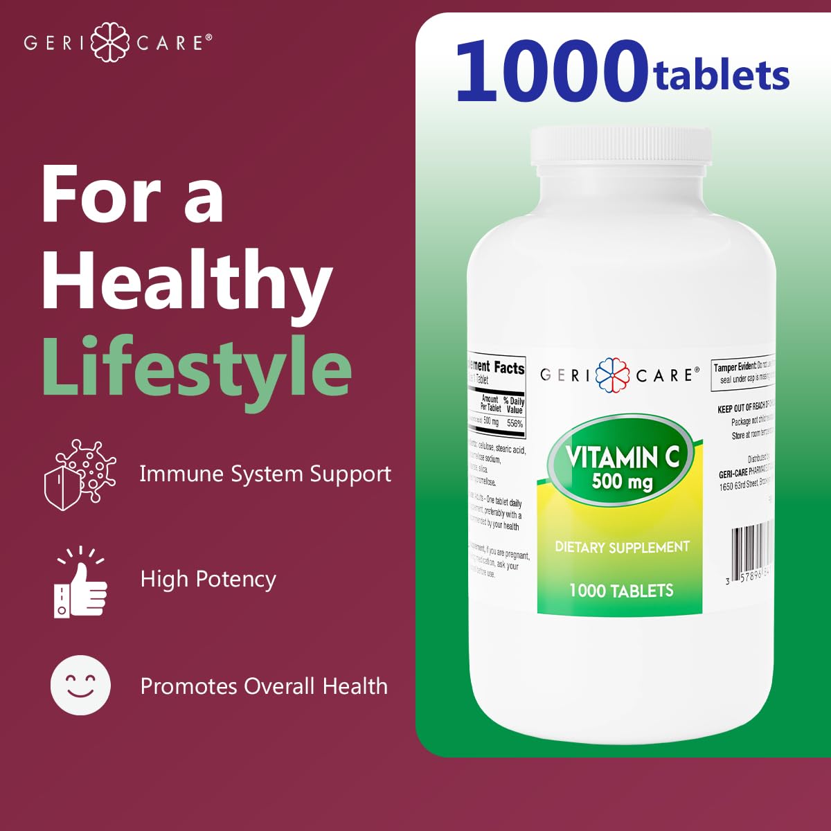 Tabletas GeriCare Vitamina C 500mg apoyo sistema inmune