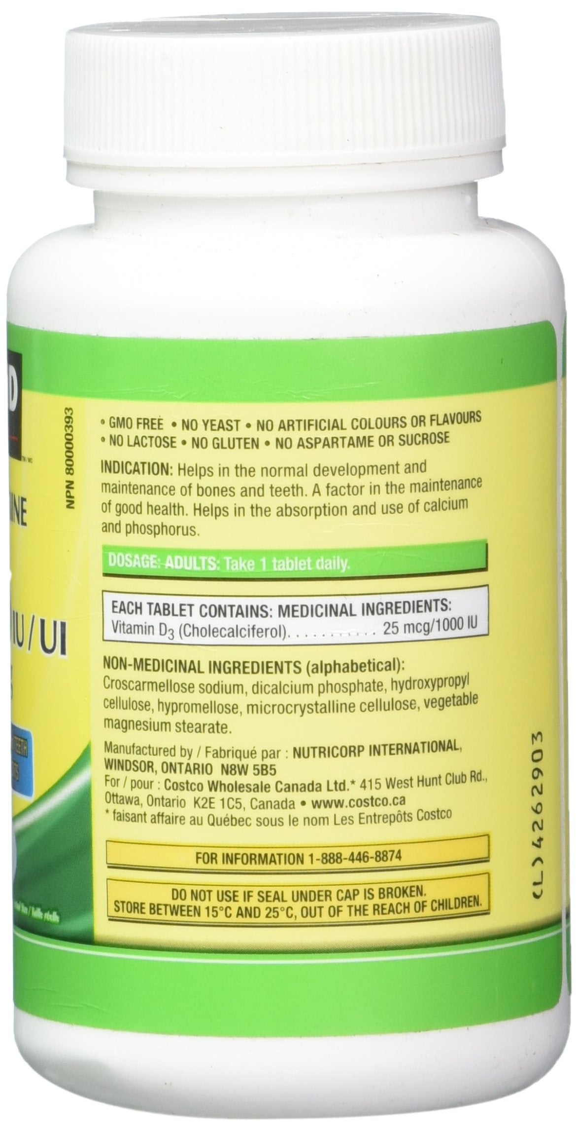 Tabletas Kirkland Vitamin D3 1000 UI por dosis diaria