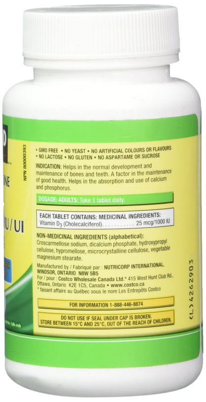 Tabletas Kirkland Vitamin D3 1000 UI por dosis diaria