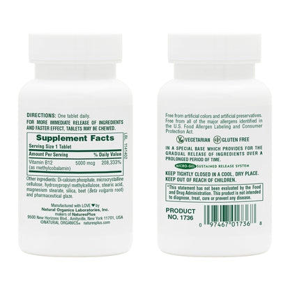 Tabletas liberación prolongada NaturesPlus Shot-O-B12 5000 mcg
