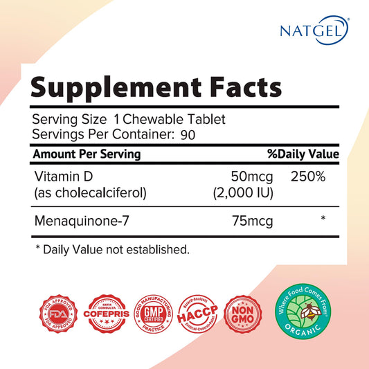 Tabletas masticables NATGEL D3 2000 UI K2 75 mcg