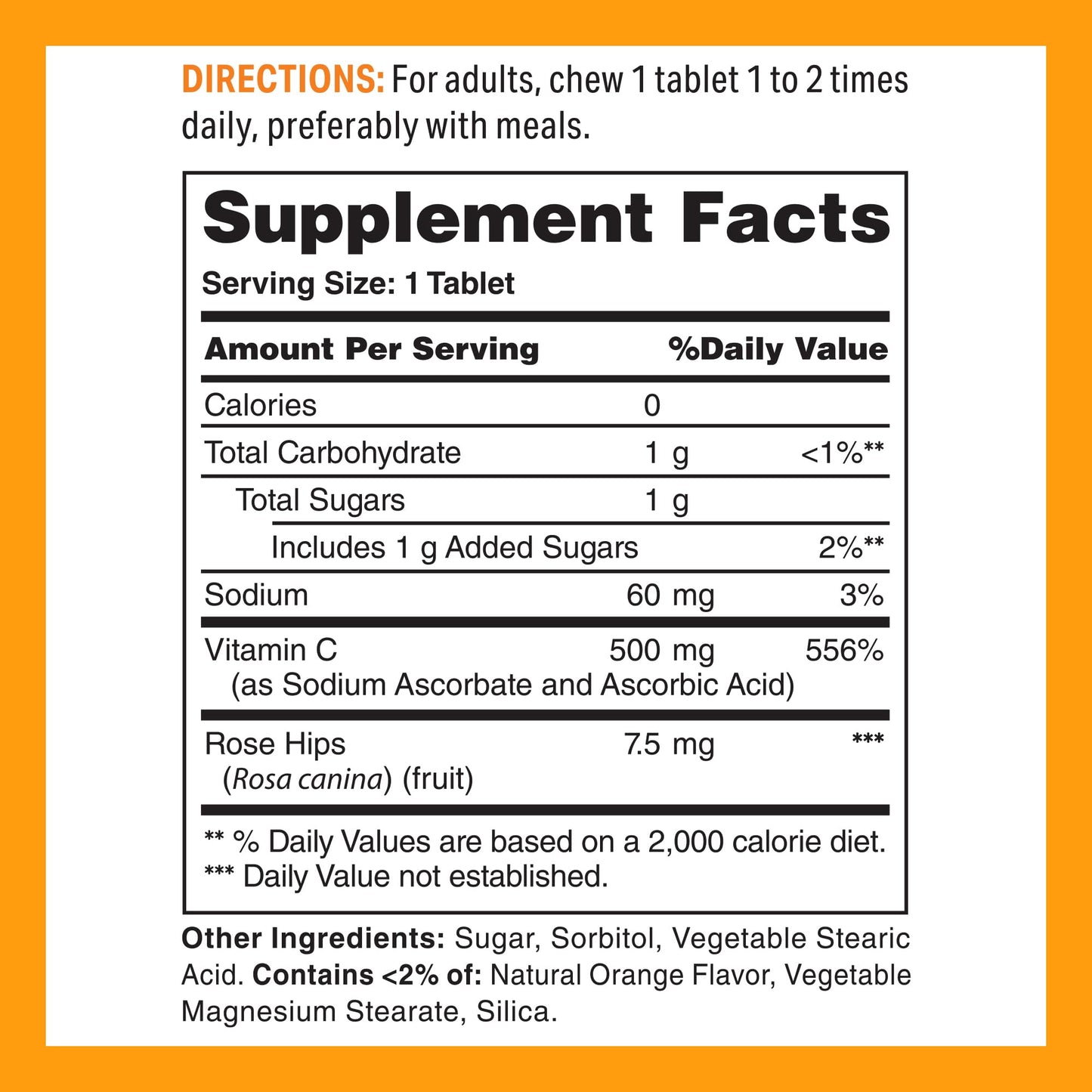 Tabletas masticables vitamina C 500mg Vitamin World sabor natural naranja