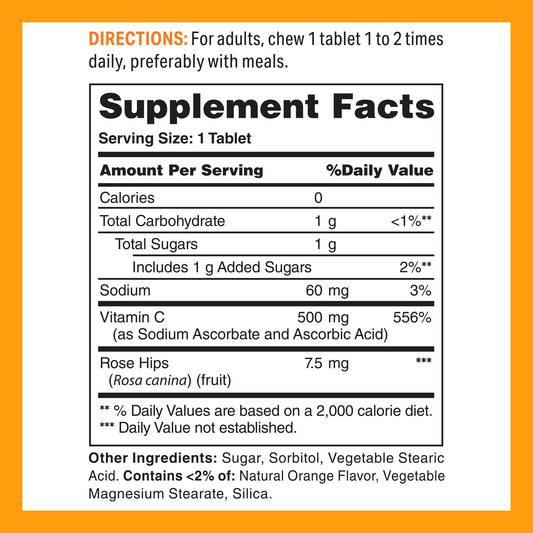 Tabletas masticables vitamina C 500mg Vitamin World sabor natural naranja