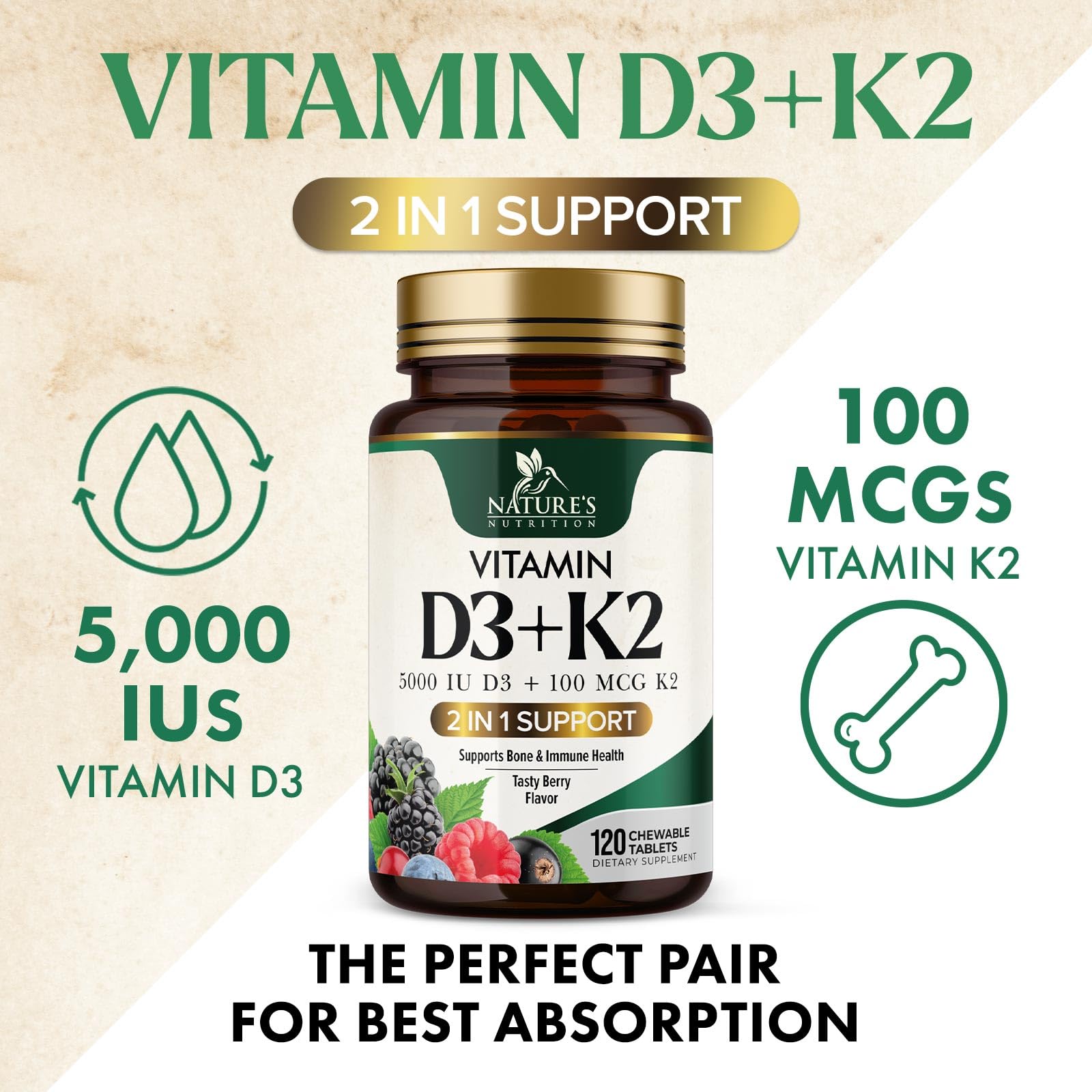 Tabletas masticables vitamina D3 con K2 MK-7 soporte para huesos y corazón