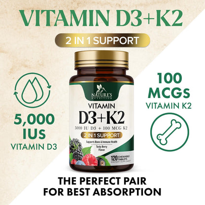 Tabletas masticables vitamina D3 con K2 MK-7 soporte para huesos y corazón