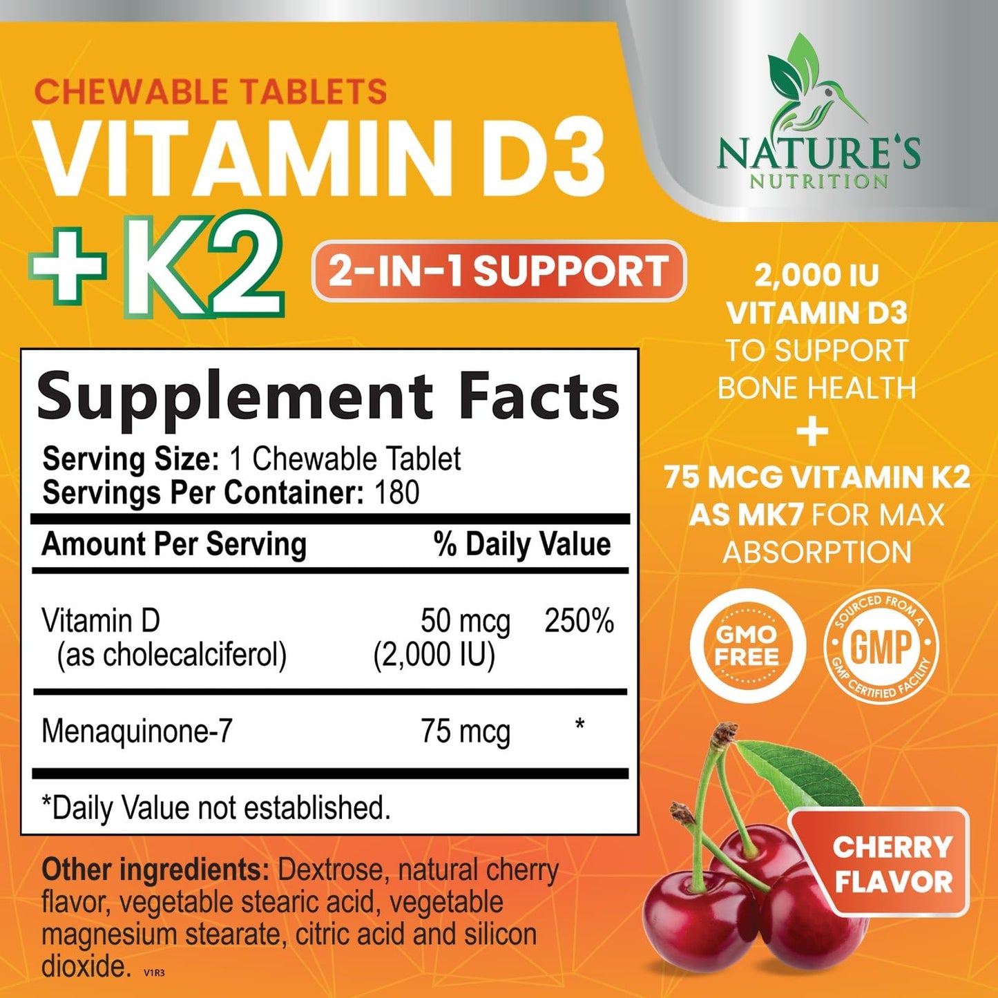 Tabletas masticables de vitamina D3 y K2 con sabor a cereza