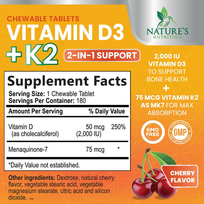 Tabletas masticables de vitamina D3 y K2 con sabor a cereza