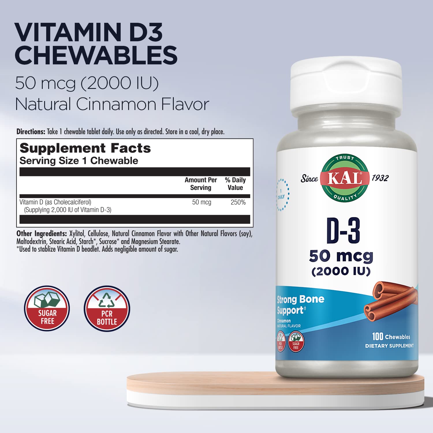 Tabletas masticables vitamina D3 Kal natural y sin azúcar