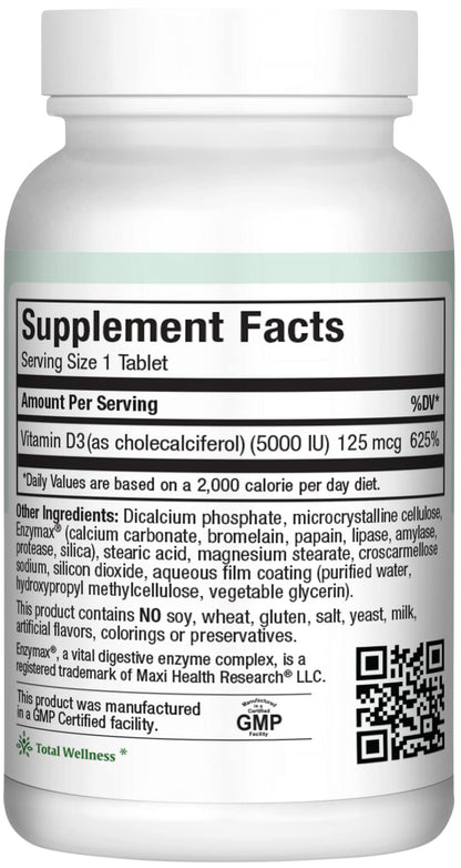 Tabletas Maxi Health vitamina D3 5000 UI para salud ósea