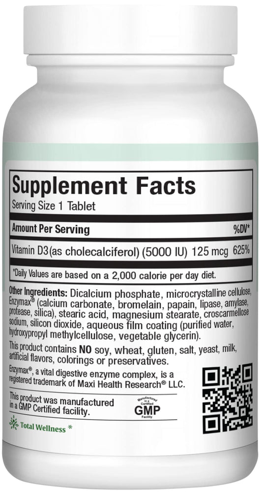 Tabletas Maxi Health vitamina D3 5000 UI para salud ósea