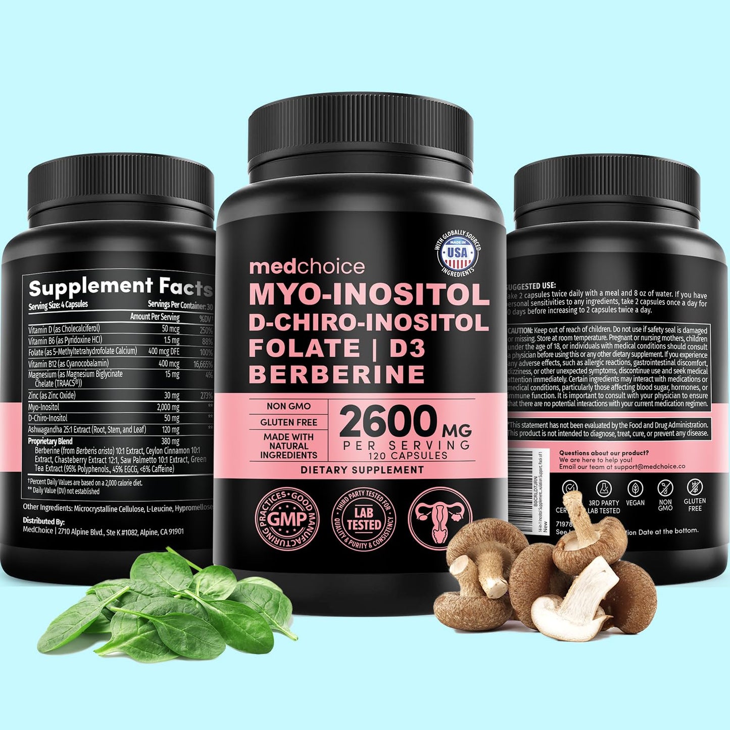 Tabletas MEDCHOICE inositol soporte hormonal mujeres vista cercana