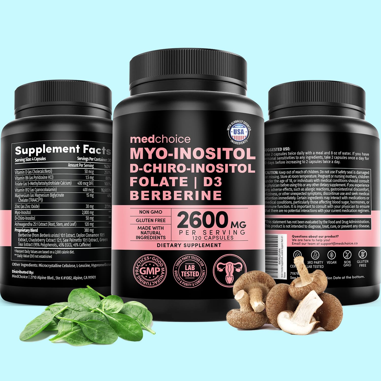 Tabletas MEDCHOICE inositol soporte hormonal mujeres vista cercana