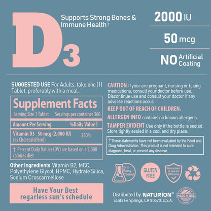 Tabletas NATURION vitamina d3 2000 iu 360 unidades