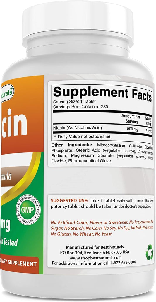 Tabletas de niacina Best Naturals 500 mg en pempaquetado