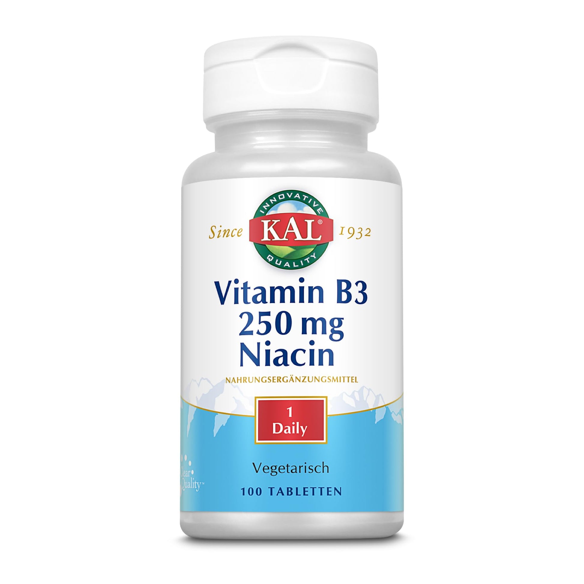 Tabletas de niacina Kal 250 mg envase frontal