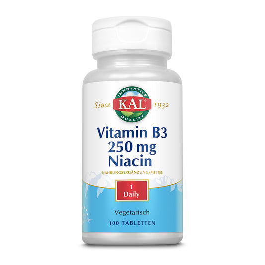 Tabletas de niacina Kal 250 mg envase frontal