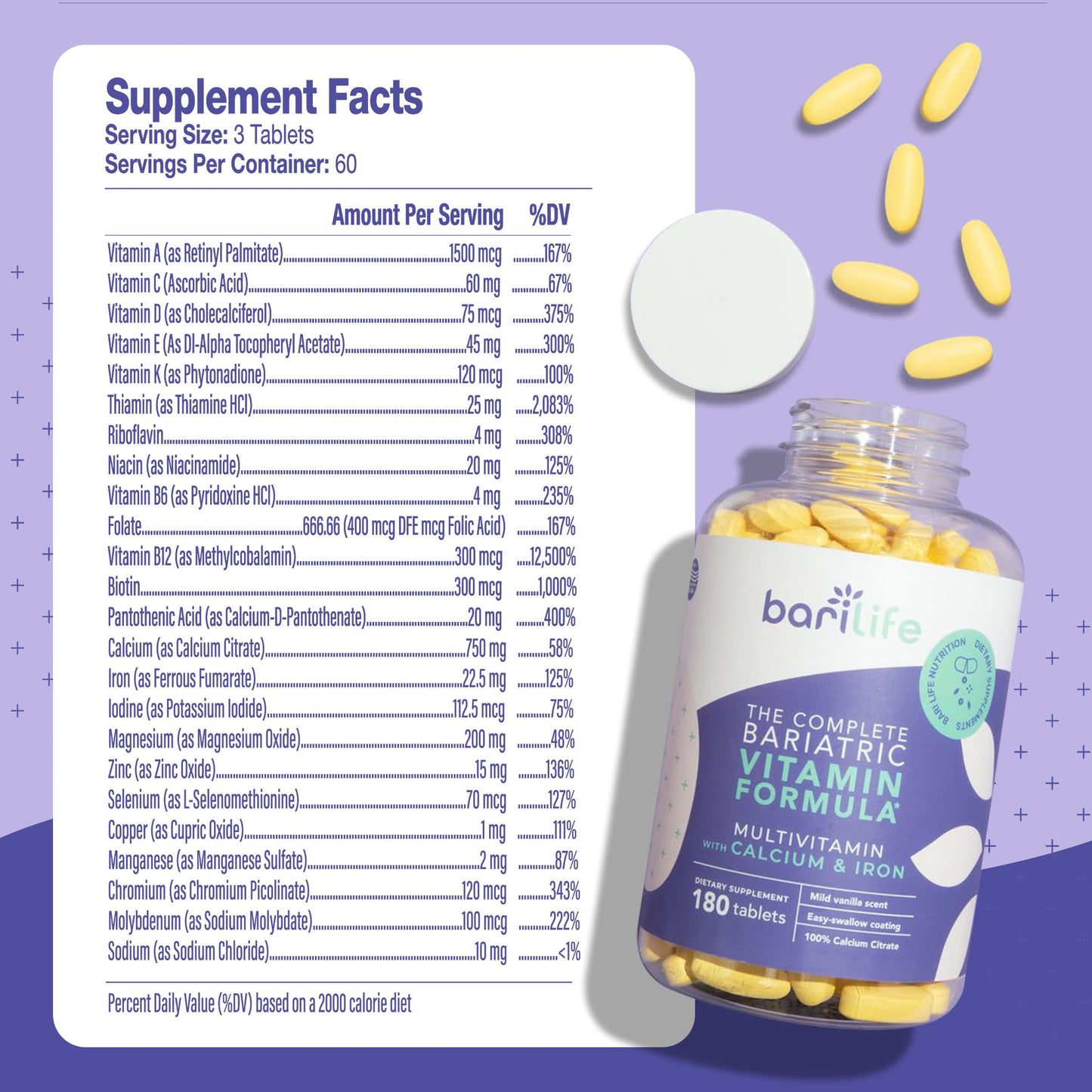 Tabletas no masticables multivitaminico Bari Life con hierro y calcio