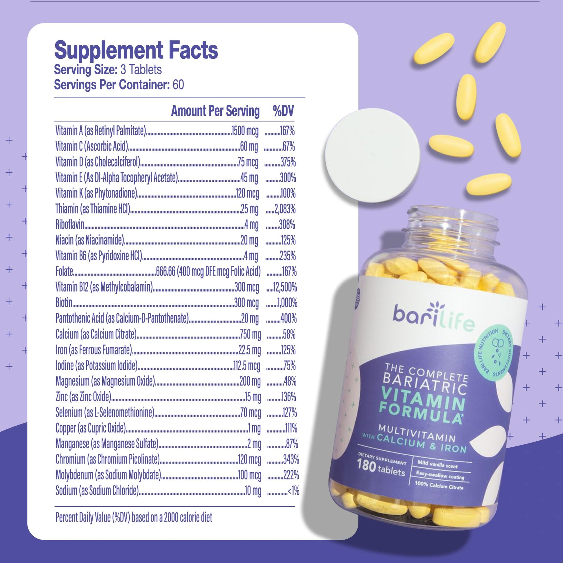 Tabletas no masticables multivitaminico Bari Life con hierro y calcio