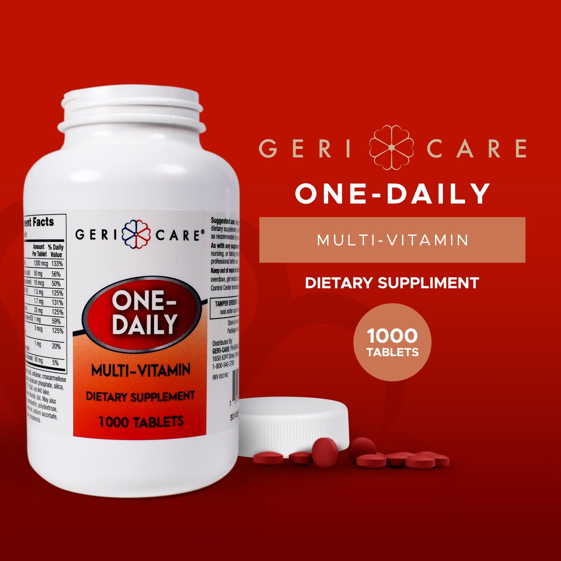 Tabletas rojas del multivitamínico diario Gericare junto a su envase.