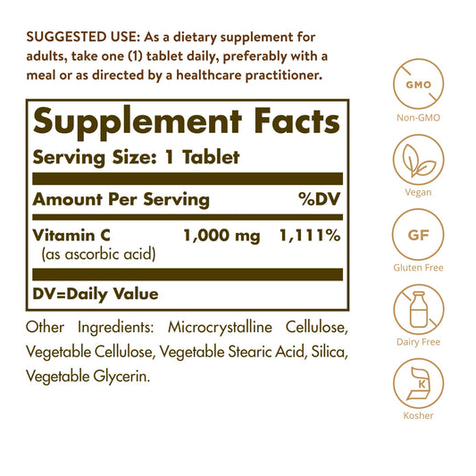 Tabletas Solgar vitamina C antioxidante e inmunidad