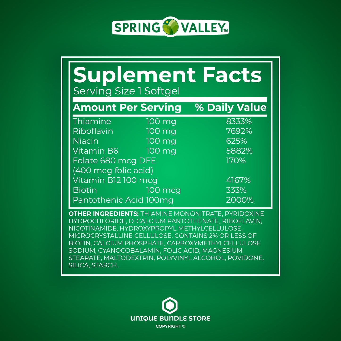 Tabletas Spring Valley Complejo B 100 para metabolismo saludable