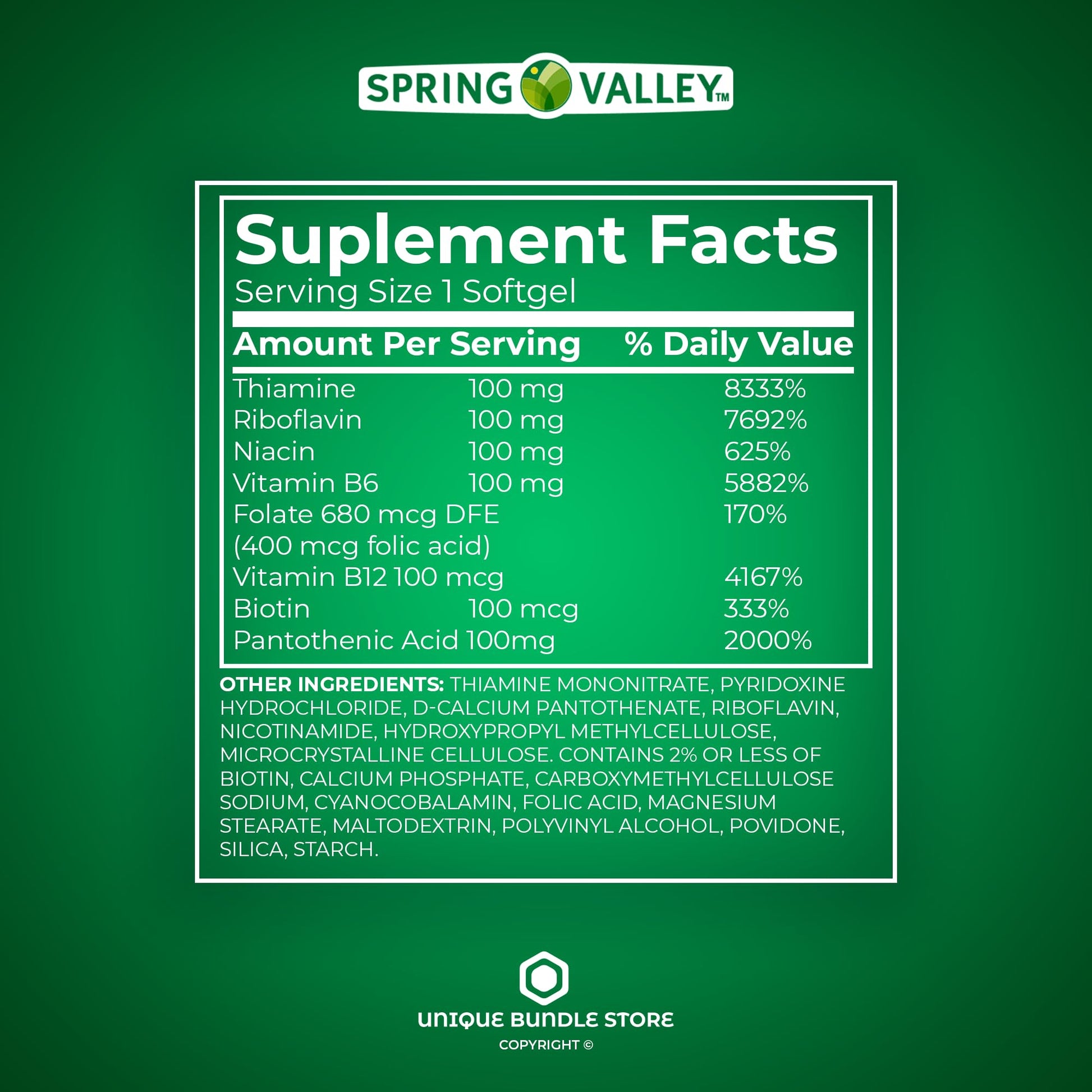 Tabletas Spring Valley Complejo B 100 para metabolismo saludable