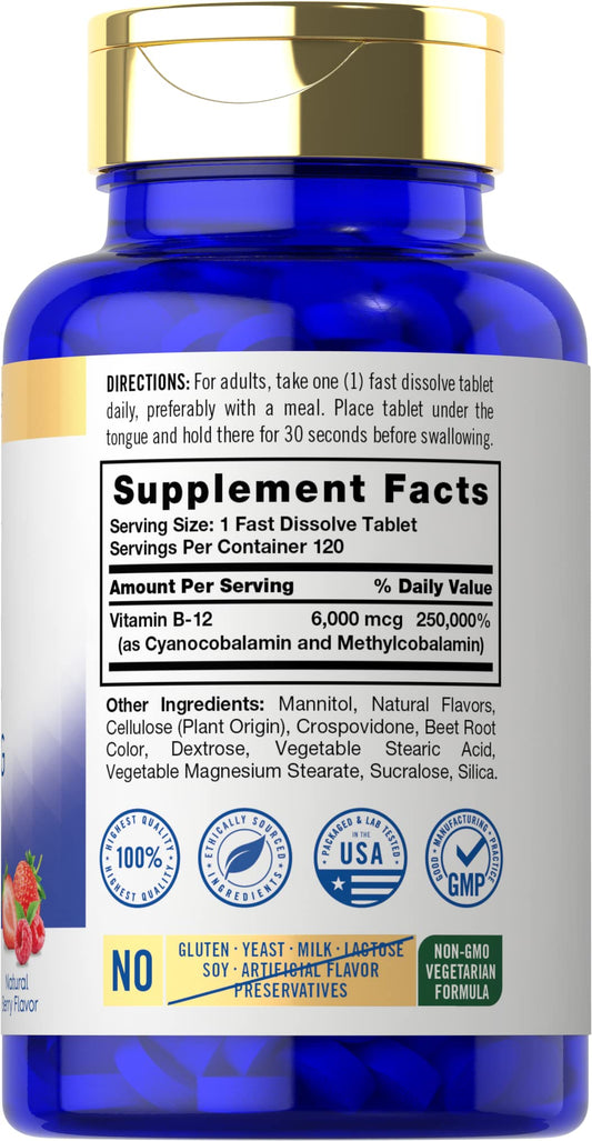 Tabletas sublinguales sabor natural a baya Carlyle vitamina b12