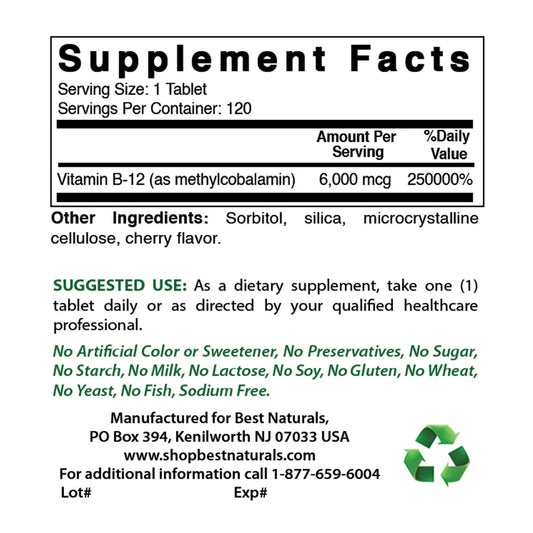 Tabletas sublinguales vitamina B-12 6000 mcg Best Naturals