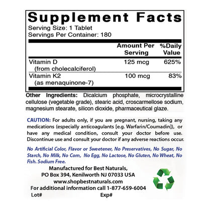 Tabletas suplementarias Best Naturals B12 y K2 con D3