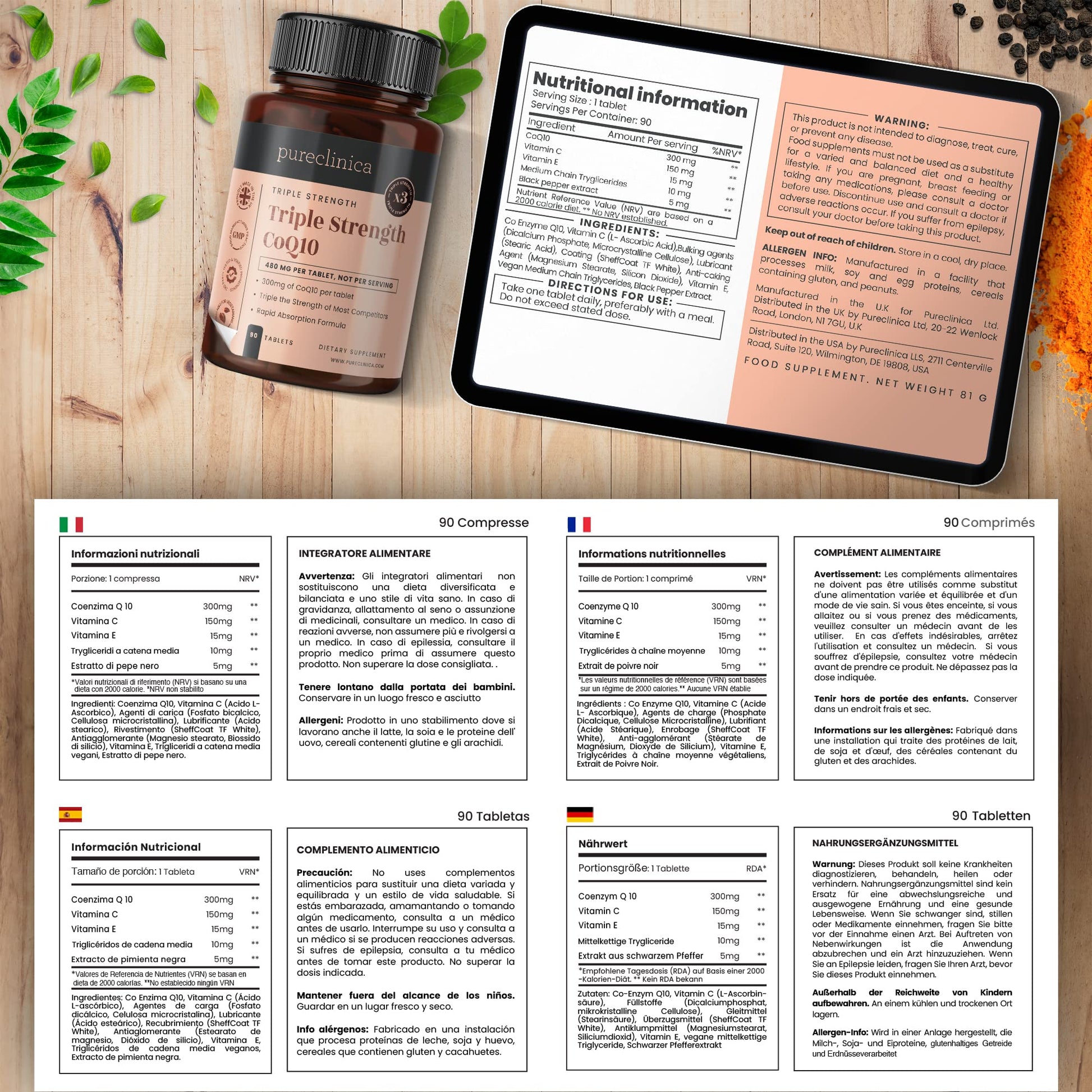 Tabletas suplemento coenzima Q10 pureclinica triple fuerza