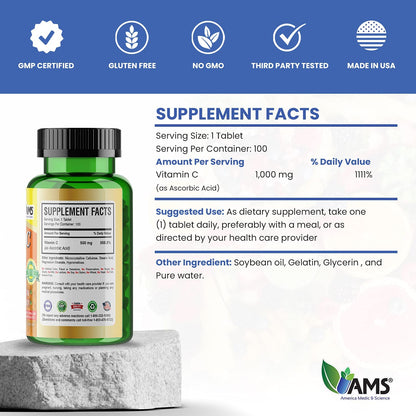 Tabletas veganas vitamina C para apoyo inmunológico America Medic & Science