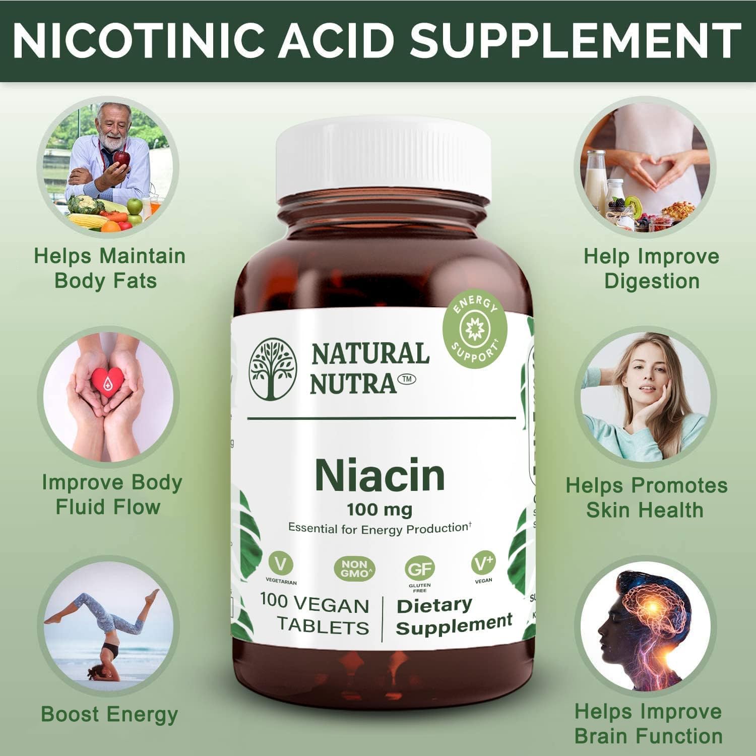 Tabletas veganas de niacina para energía y salud del corazón