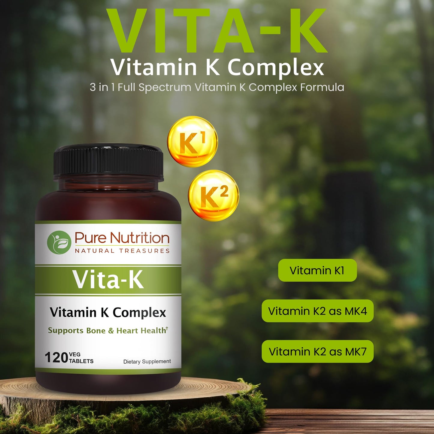 Tabletas veganas Pure Nutrition vitamina K complejo completo 2250 mcg