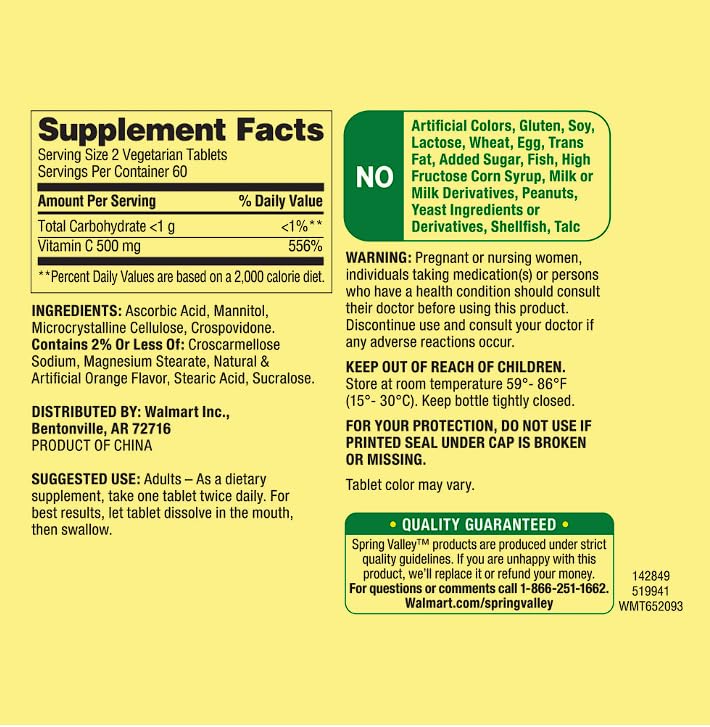 Tabletas veganas vitamina c rápida disolución Spring Valley