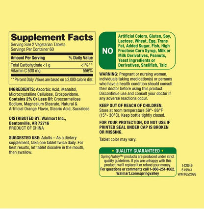 Tabletas veganas vitamina c rápida disolución Spring Valley