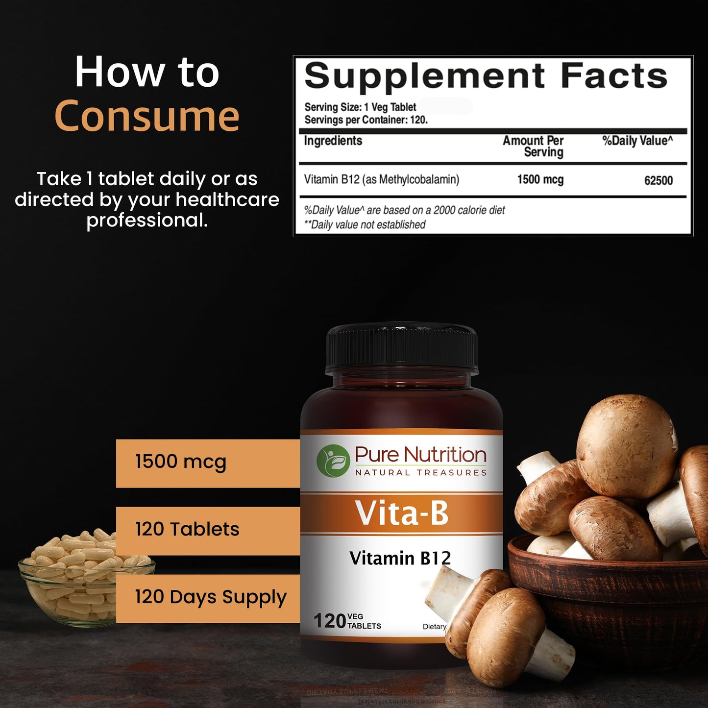 Tabletas vegetarianas vitamina b12 pure nutrition