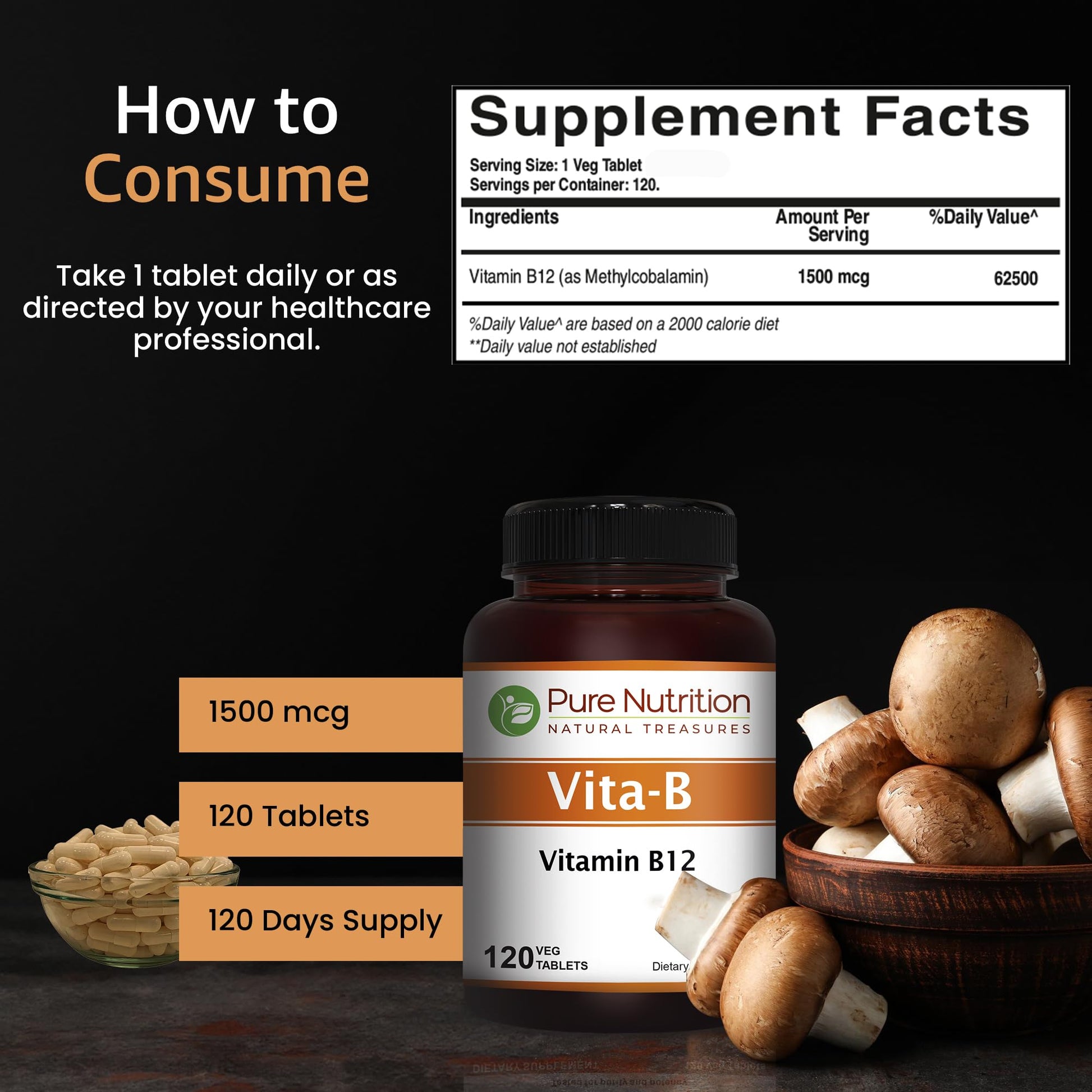 Tabletas vegetarianas vitamina b12 pure nutrition
