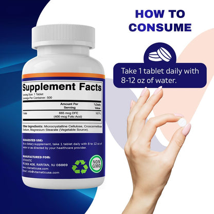 Tabletas Vitamatic vitamina B9 ácido fólico 400 mcg 500 unidades