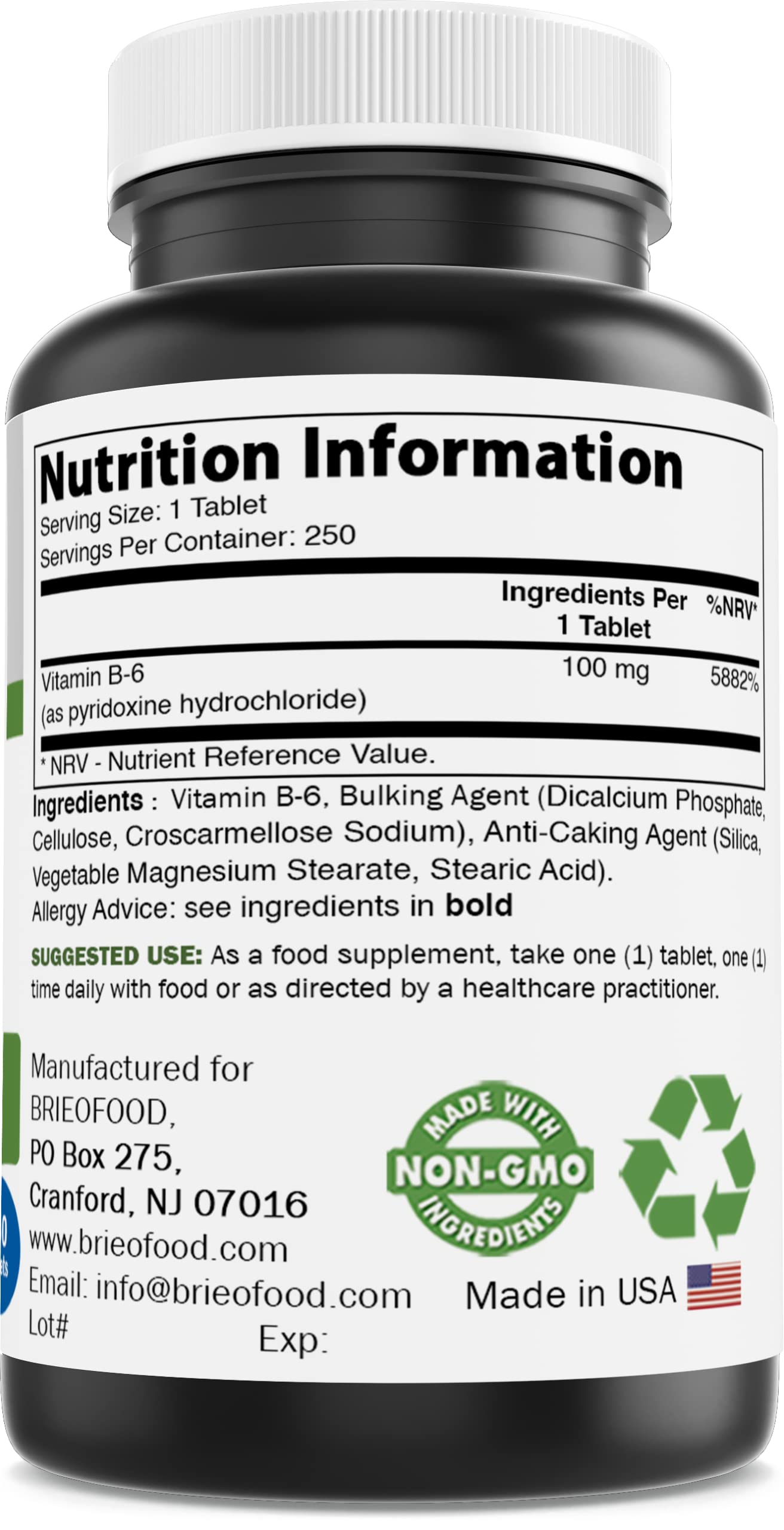 Tabletas vitamina b6 100 mg suplemento brieofood