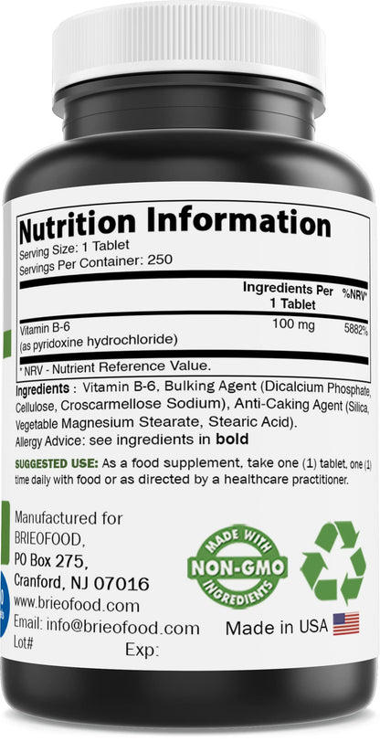Tabletas vitamina b6 100 mg suplemento brieofood