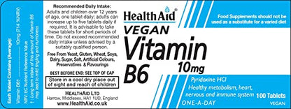 Tabletas vitamina B6 Health Aid clorhidrato de piridoxina