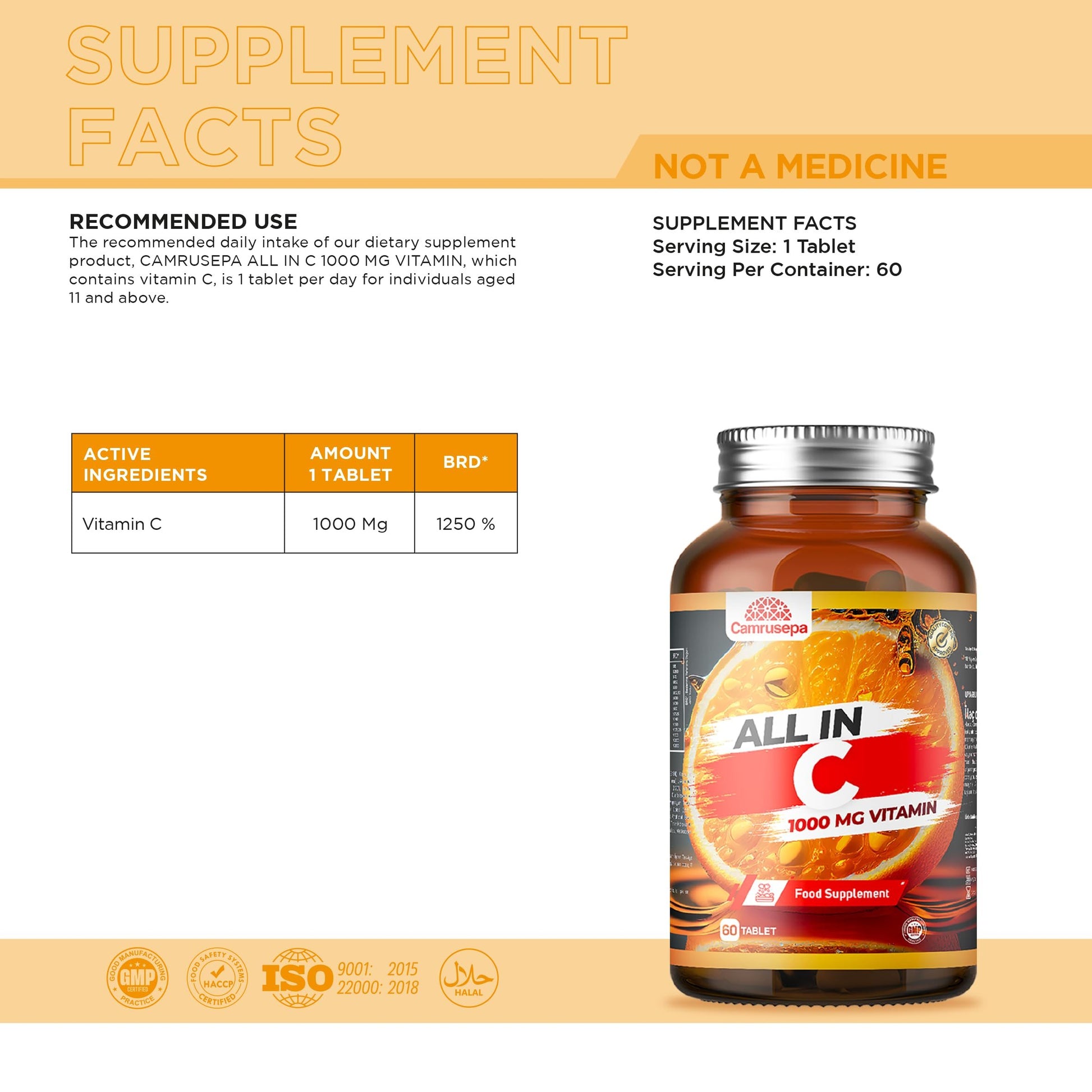 Tabletas vitamina C Camrusepa sin gluten ni lactosa