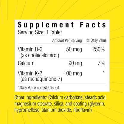 Tabletas vitamina d3 con k2 para apoyo óseo y sistema inmunológico