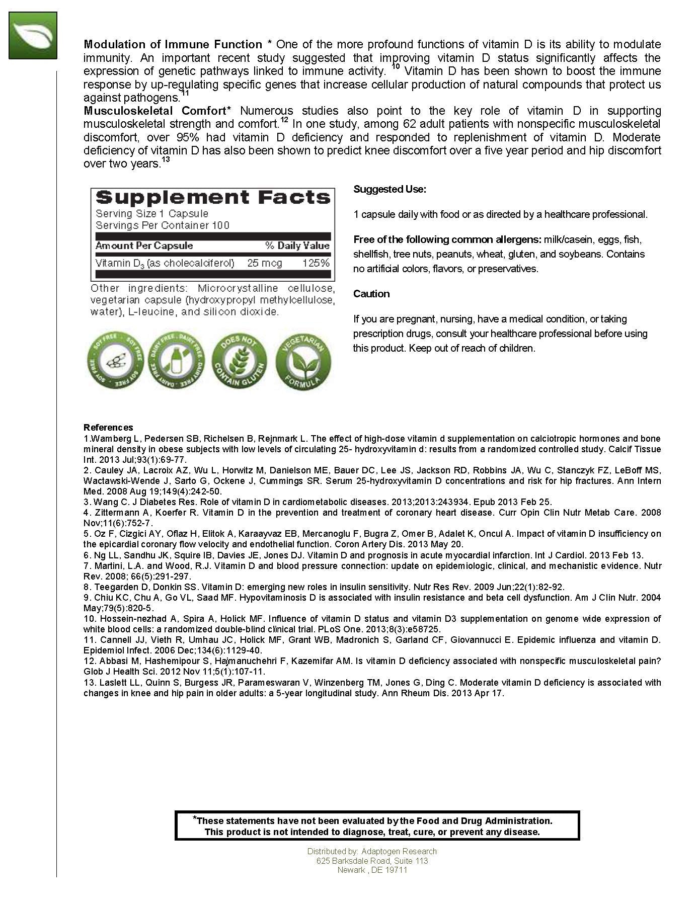 Tapadera frasco vitamina d3 Adaptogen Research 100 cápsulas