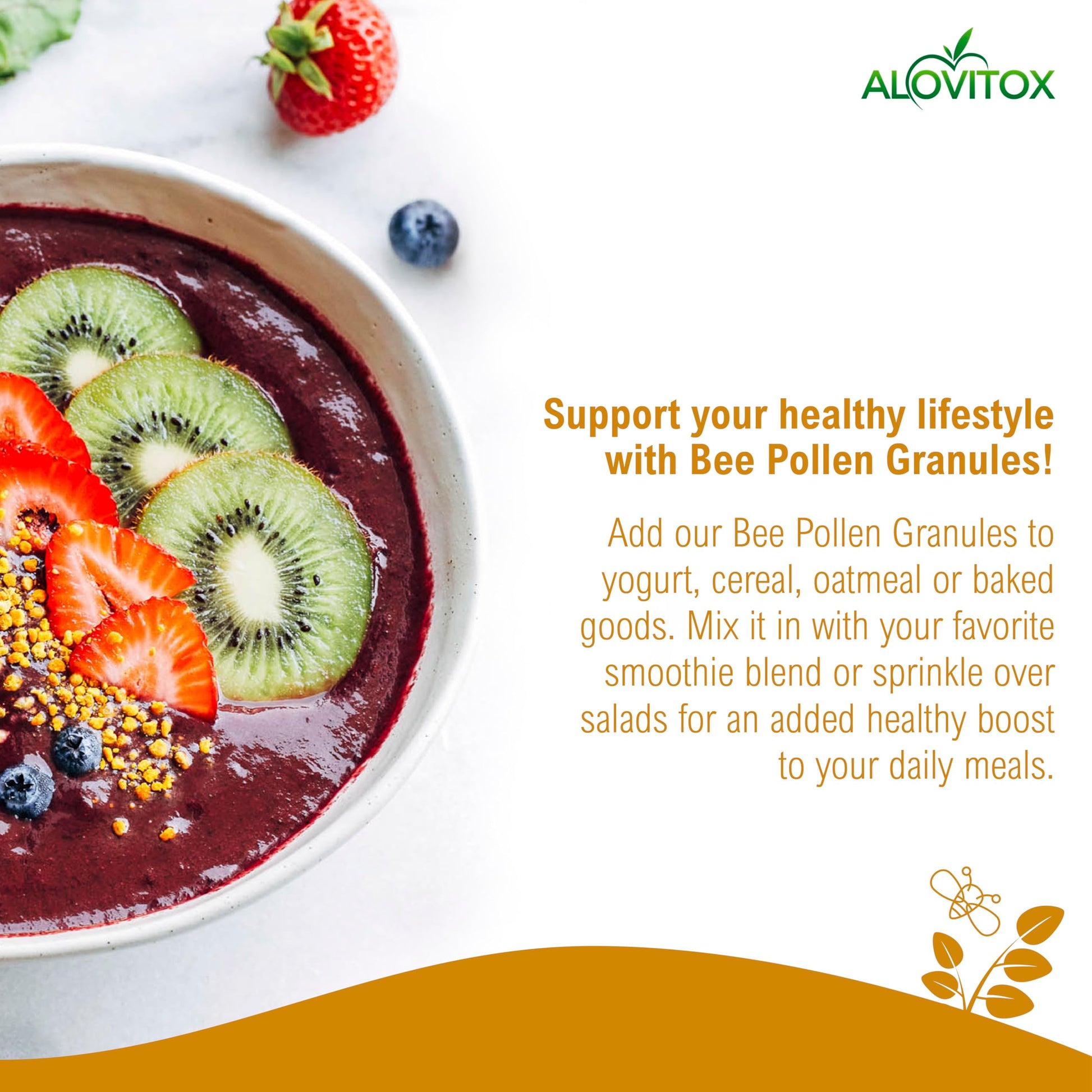Tazón con frutas y gránulos de polen de abeja Alovitox