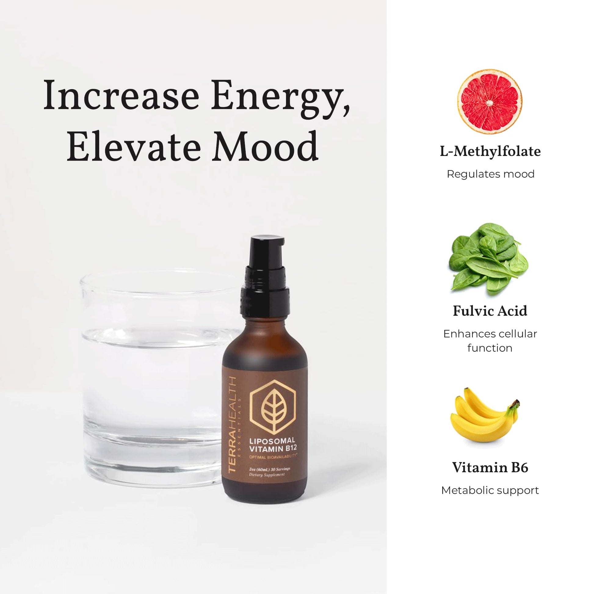 Suplemento vitamínico Terra Health Essentials B12 liposomal vista frontal