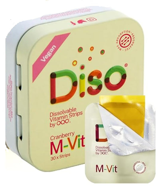 Envase de tiras multivitamínicas DISO M-VIT sabor arándano