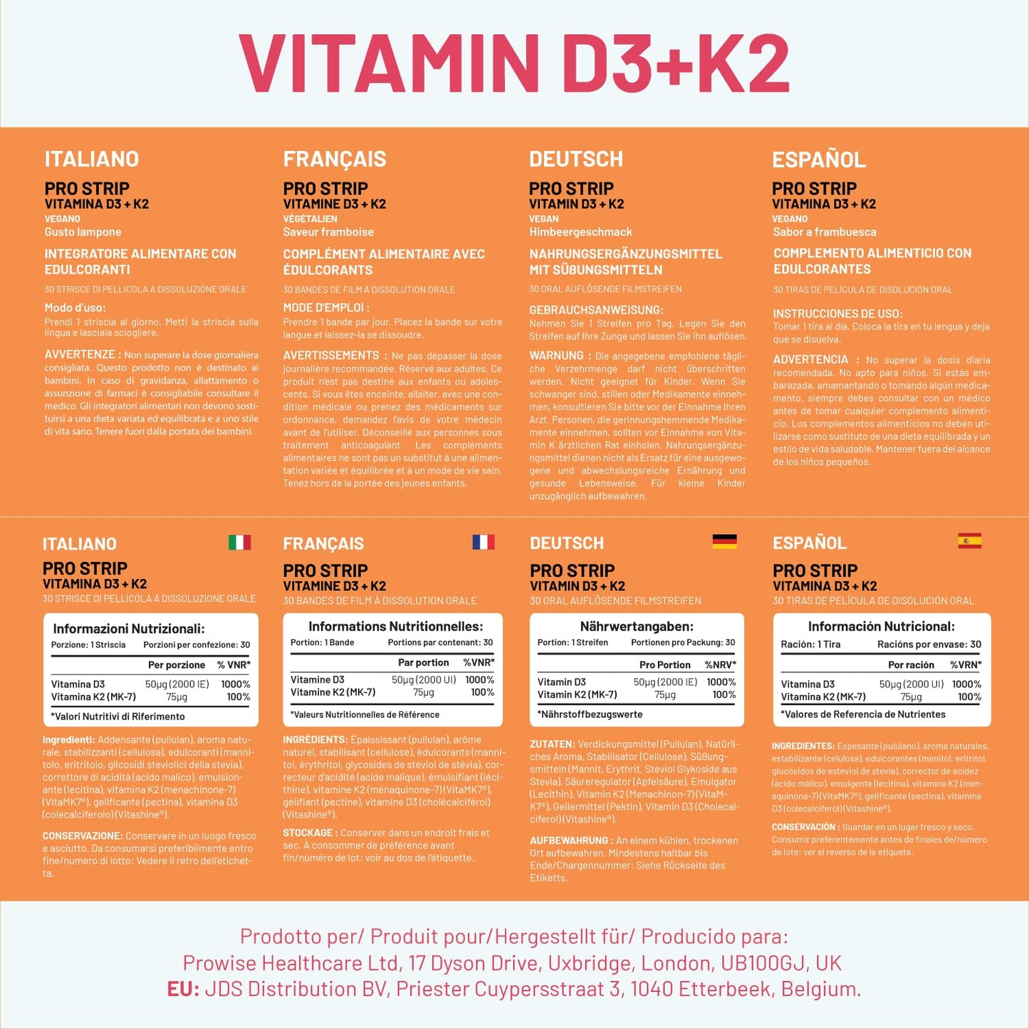 Tiras orales veganas prostrip 2000 iu vitamina d3 y 75 mcg k2