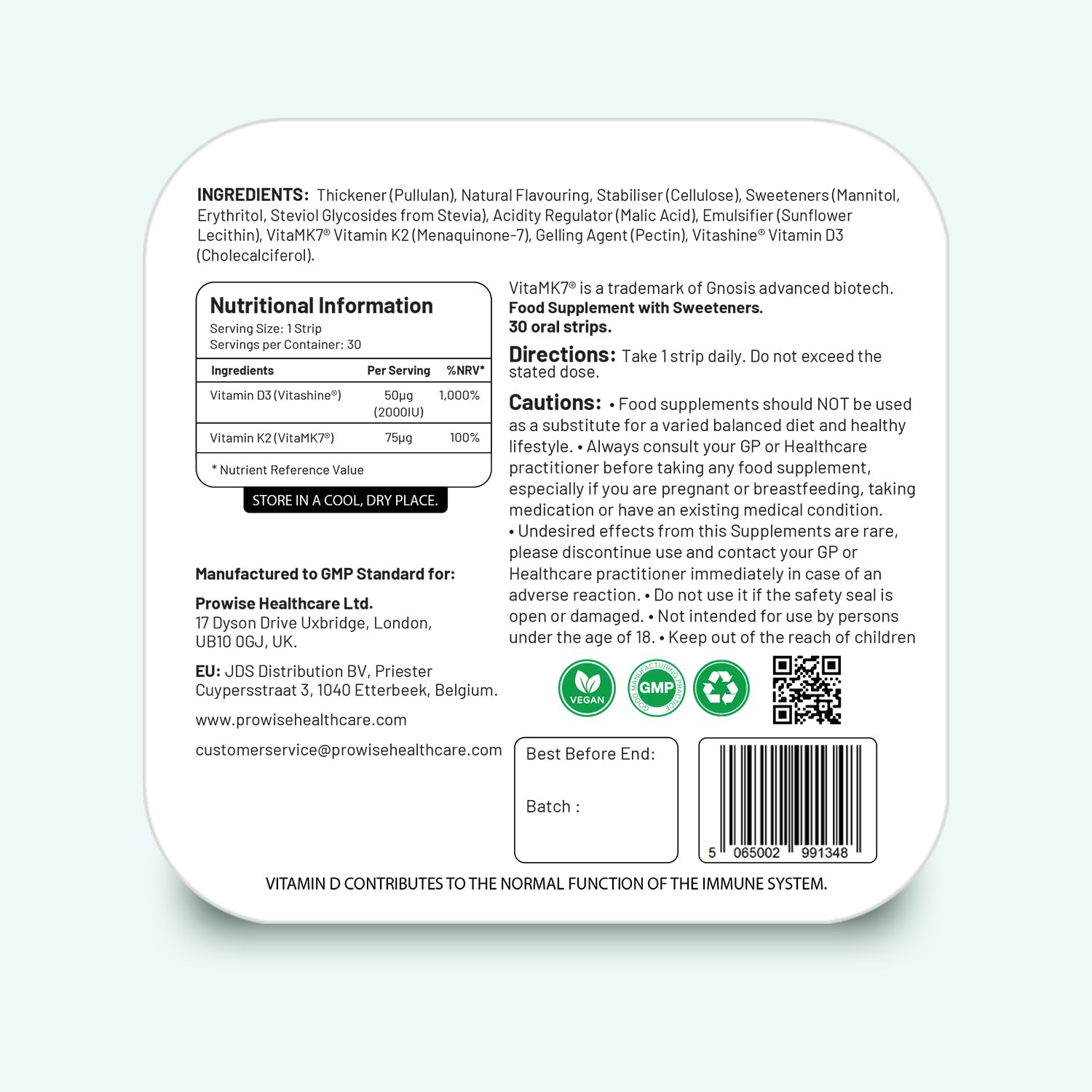 Tiras prostrip sin agua vitamina d3 k2 2000 iu suplementos